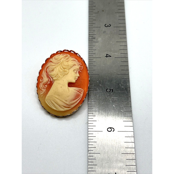 VINTAGE Gold Tone Lady CAMEO Pin Brooch Orange And Cream - Picture 7 of 8